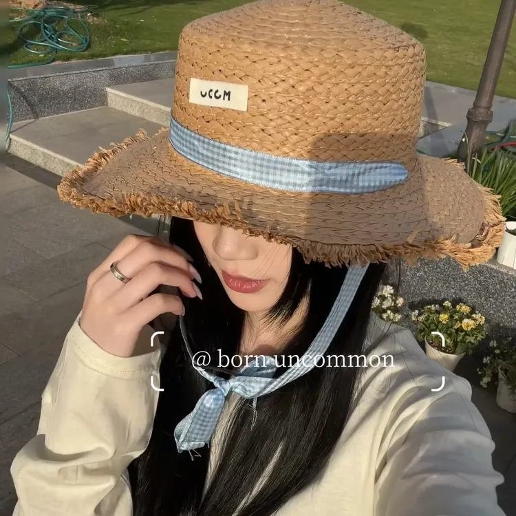 法式平顶系带草帽女夏季海边度假遮阳防晒草编帽大帽檐沙滩帽子