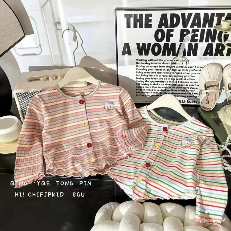 女童针织彩虹条卫衣中小童洋气百搭春秋女宝欧诺精灵风长袖打底衫