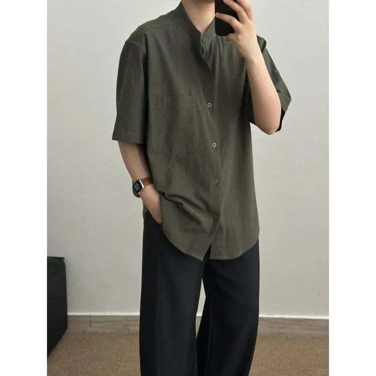 老钱风竹节棉立领衬衫男夏季薄款高级感cityboy衬衣工装短袖外套