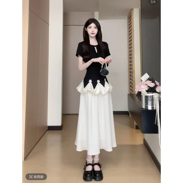 纯欲小黑裙撞色花苞裙收腰A字裙短袖连衣裙