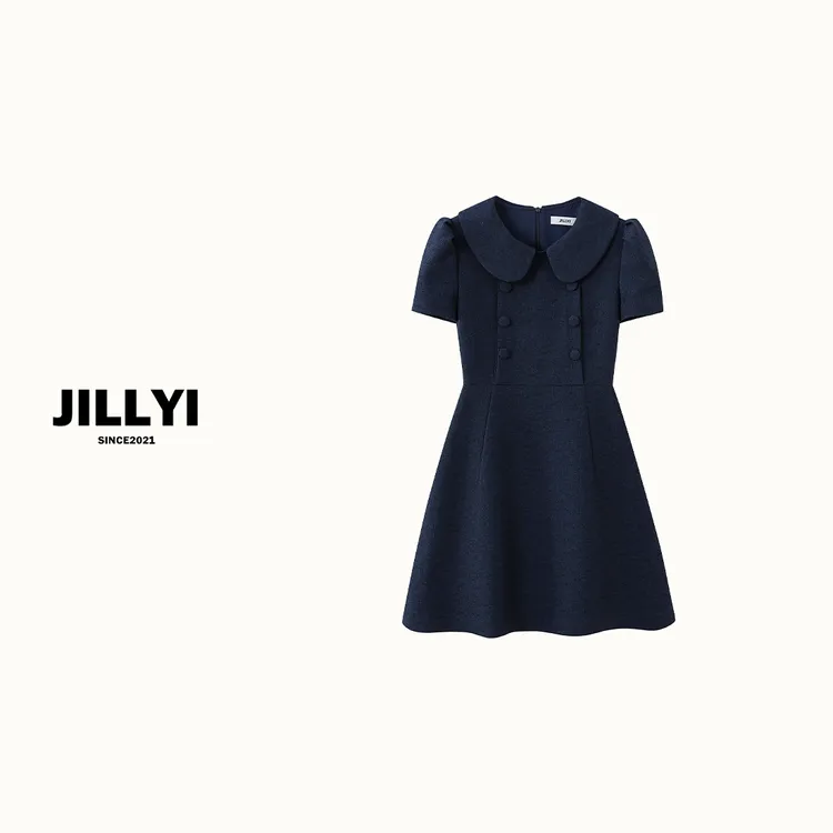 JILLYI南山店【公主梦境】藏蓝色双排扣简约纯色中长款连衣裙百搭