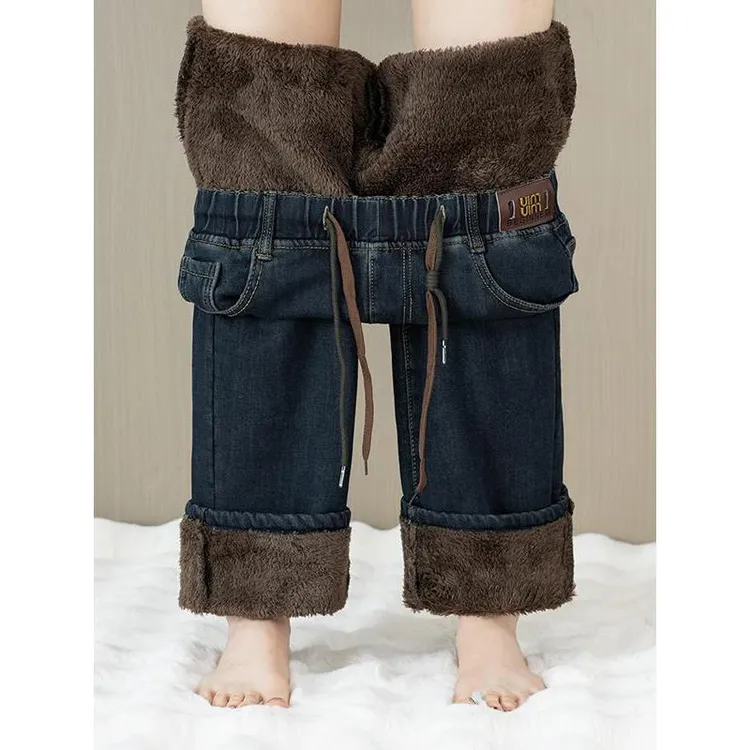 特厚羊羔绒牛仔裤女冬季新款大码松紧腰窄版阔腿裤加绒加厚拖地裤