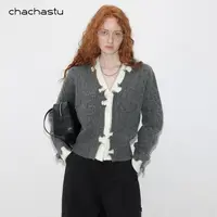 CHACHASTU【衣橱】经典扭扭麻花毛衣 复古撕破设计撞色假两件C32995