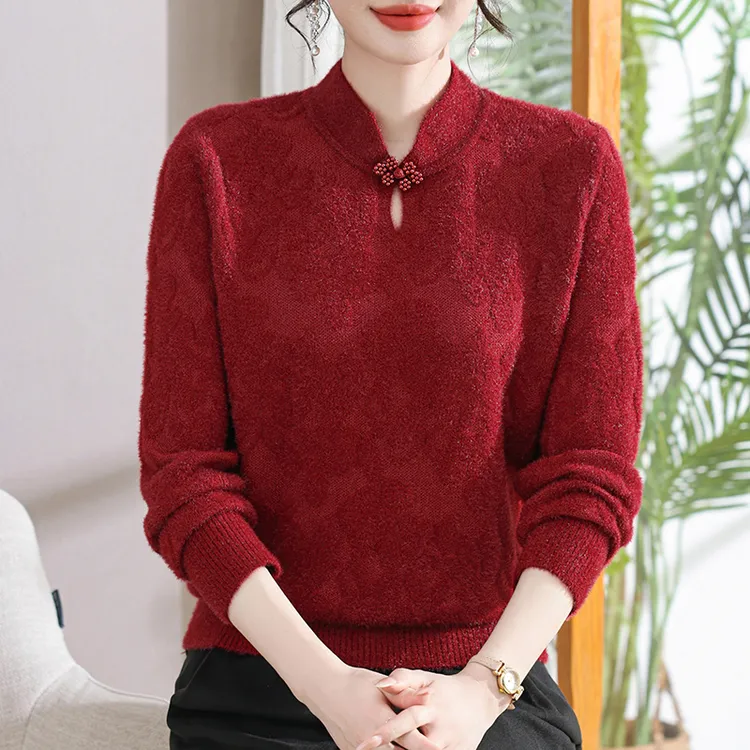 妈妈装中老年针织衫秋冬季新款加绒加厚时尚纯色保暖毛衣婆婆穿搭