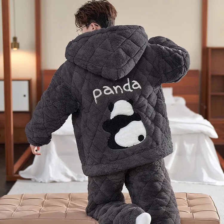 男士睡衣冬季珊瑚绒加厚加绒三层夹棉青少年大童保暖法兰绒初中生