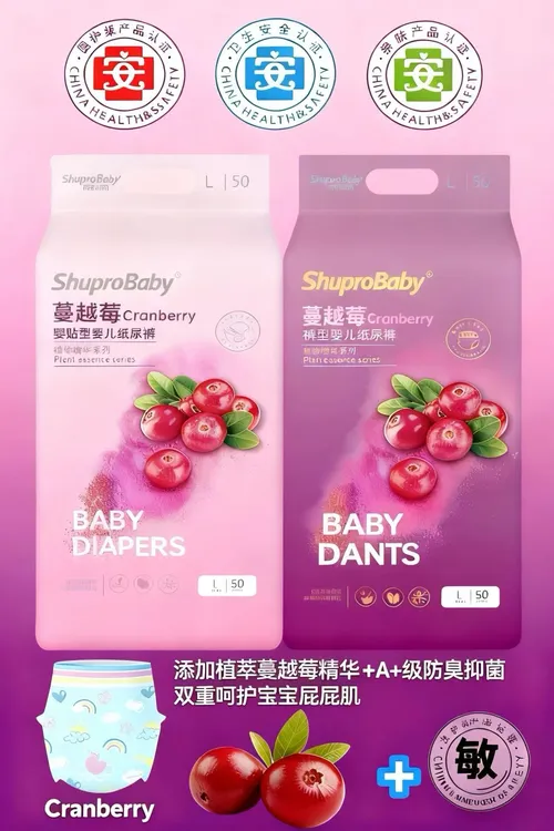 新品蔓越莓A+级防臭抑菌纸尿裤拉拉裤冬天过夜轻薄透气防侧漏