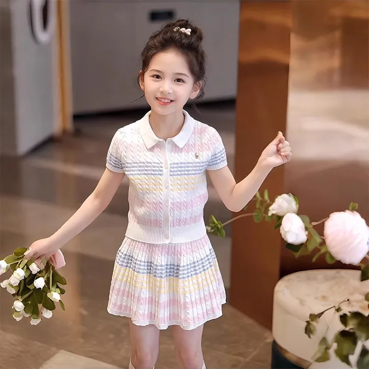 韩版童装女童超好看套装2025夏季新款中大童条纹针织开衫百褶半裙