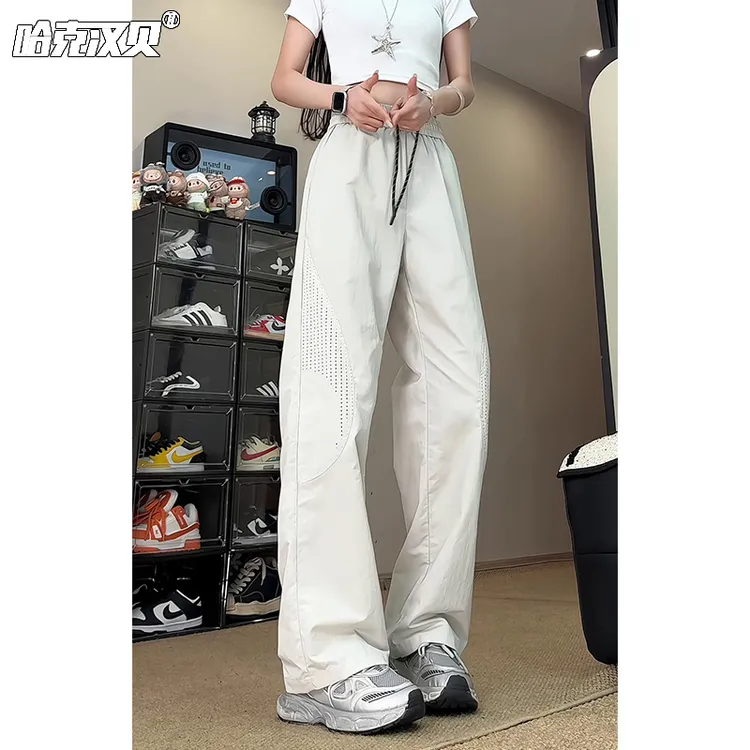 夏季薄款速干裤男女同款打孔透气弯刀休闲裤子宽松大码拼接直筒裤