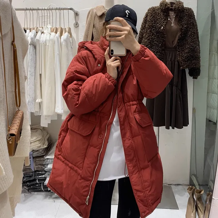 冬季新款抽绳连帽中长款百搭白鸭绒宽松时尚韩版羽绒服外套