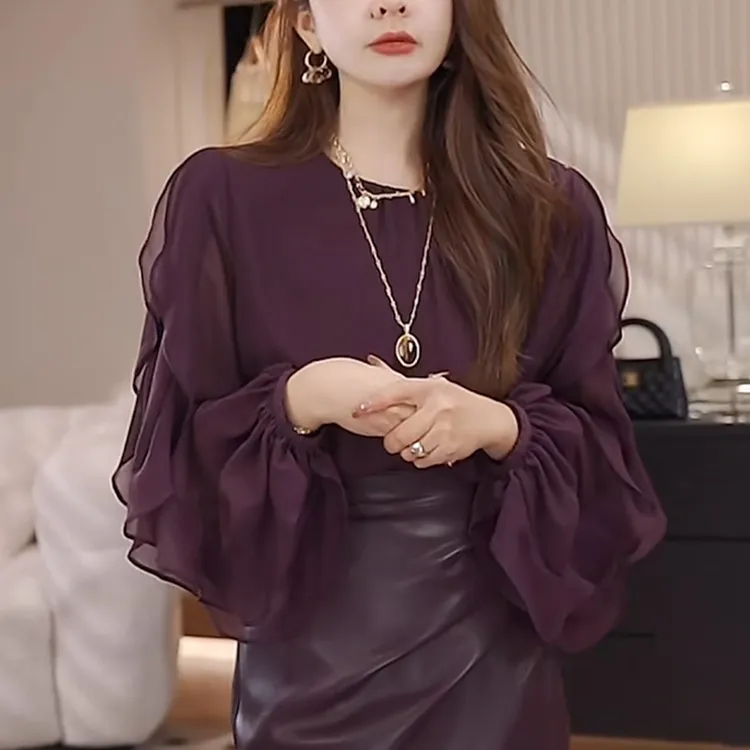 紫色气质长袖衬衫女士2025秋季新款减龄宽松显瘦设计感木耳边上衣