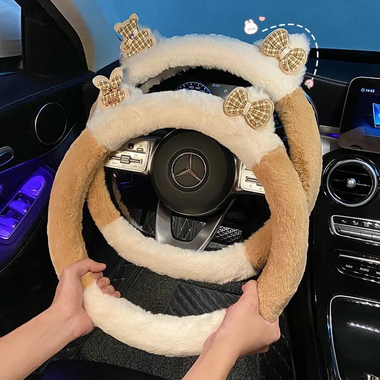 汽车方向盘套冬季毛绒卡通可爱女神车内冬天保暖加热车把套通用款