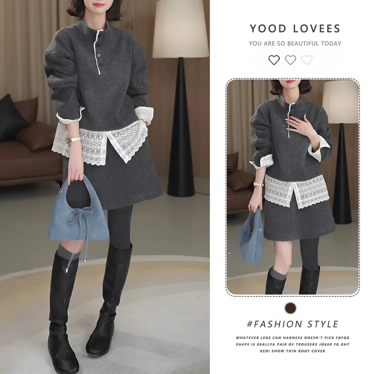 独特好看套装女冬季新款深灰色长袖立领蕾丝拼接上衣短裙两件套潮