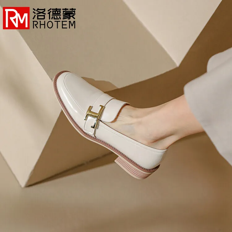 【万达撤柜】乐福鞋女2025新款休闲鞋通勤粗跟真皮一脚蹬英