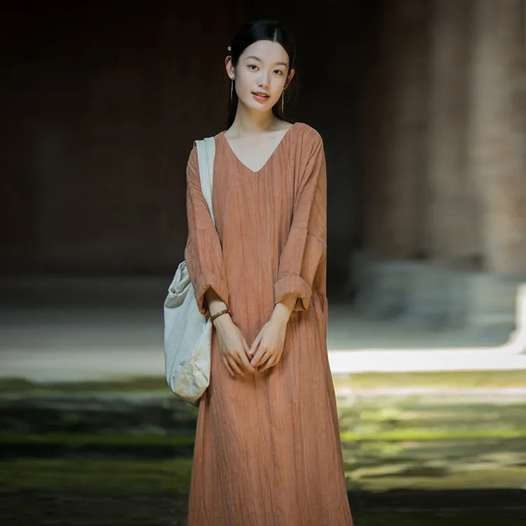 2025春夏苎麻棉新款扎染新中式长裙居家旅游文艺范女式连衣裙