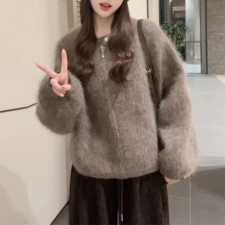 温柔风氛围感宽松开衫上衣女2025冬季新款拉链设计感针织纯色外套