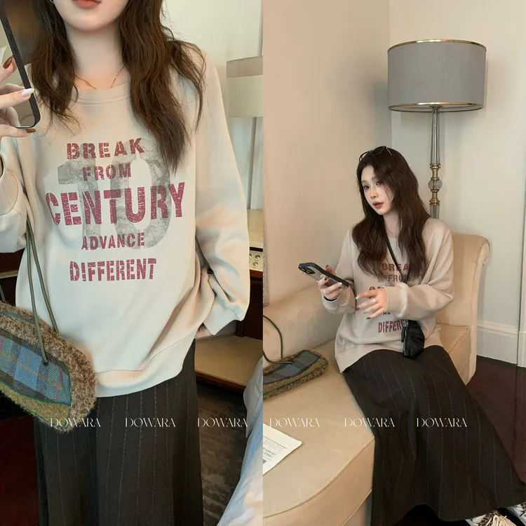 现货大婉酱微胖定制【冬绒高街】字母印花薄绒卫衣冬宽松上衣 2742D