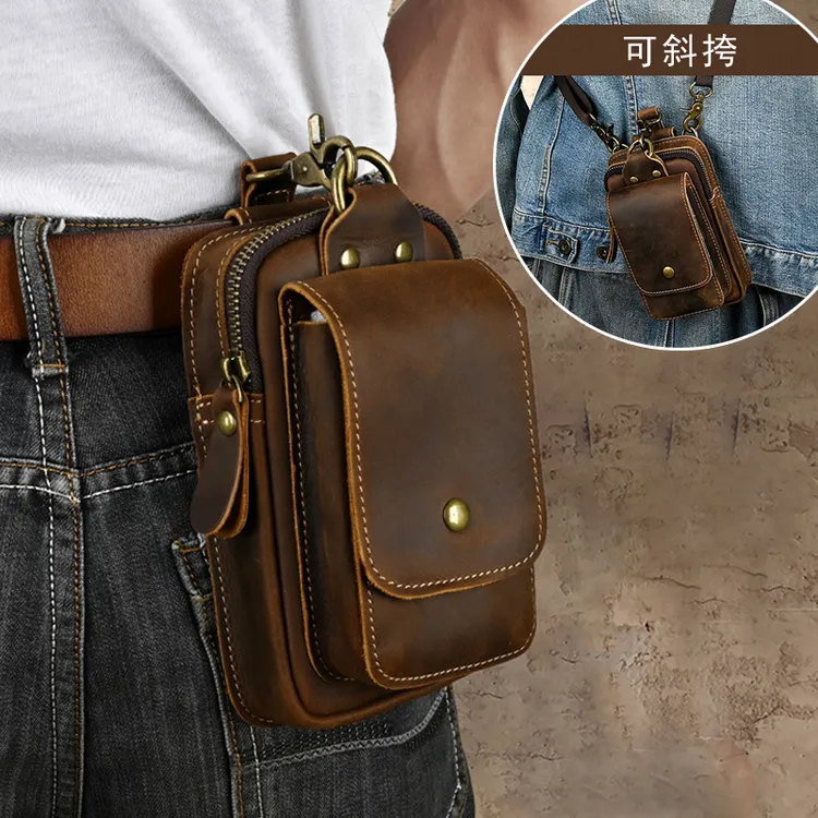 头层牛皮手机腰包男款穿皮带真皮工地干活复古挂腰竖款斜挎皮套袋