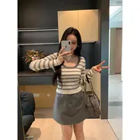 XINYI【条纹公式】秋季撞色U领针织衫女显瘦内搭T恤X625Z15649