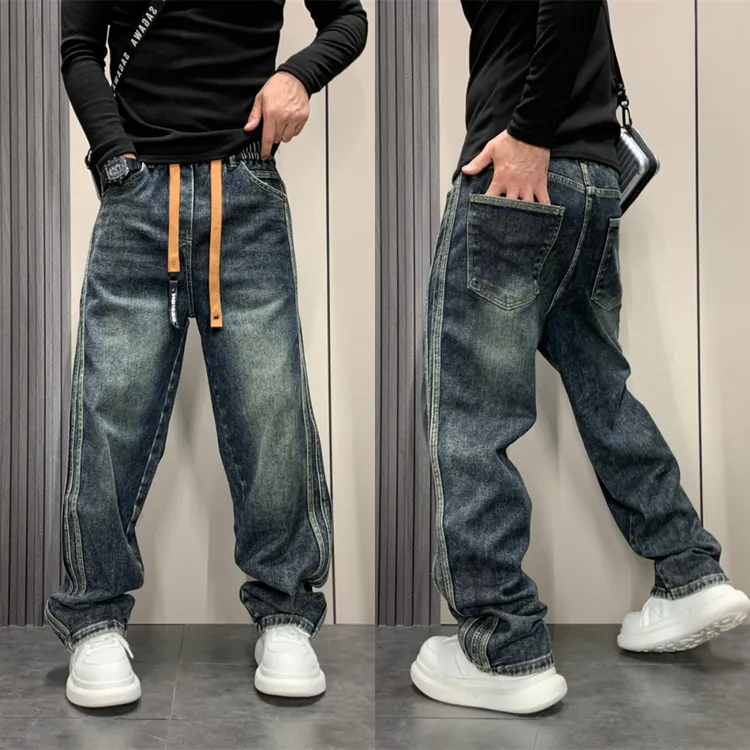 2025秋冬新款加绒美式复古牛仔裤男士潮牌宽松直筒阔腿休闲长裤子