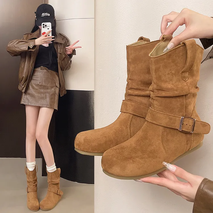大码女鞋41-42时尚短靴百搭复古堆堆靴勃肯女靴秋冬厚底马丁靴