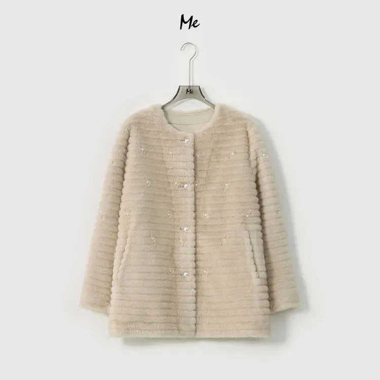 ME【珍珠天鹅堡一手长】丰盈毛感手缝贝珠时尚千金毛毛外套MESA4450