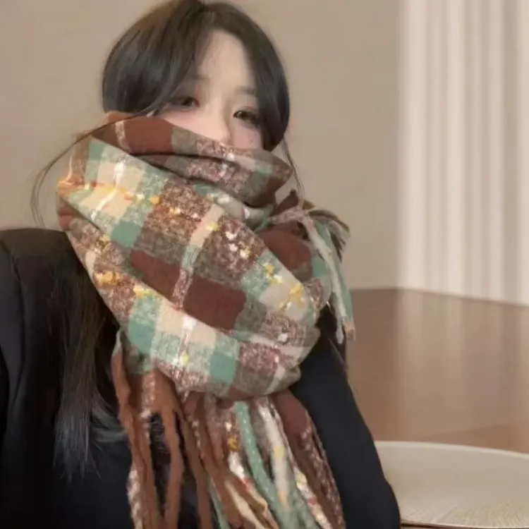 焦糖咖啡格子围巾女氛围感显白保暖流苏围脖韩系加厚保暖情侣披肩