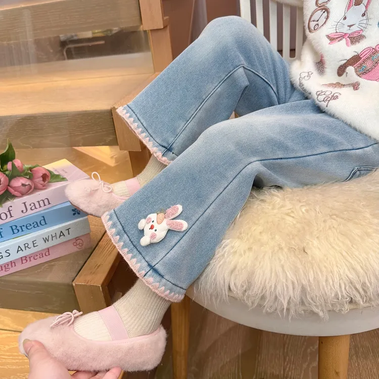 冬季牛仔裤韩版长裤秋季女高腰女宝童装休闲裤女童微喇裤外穿