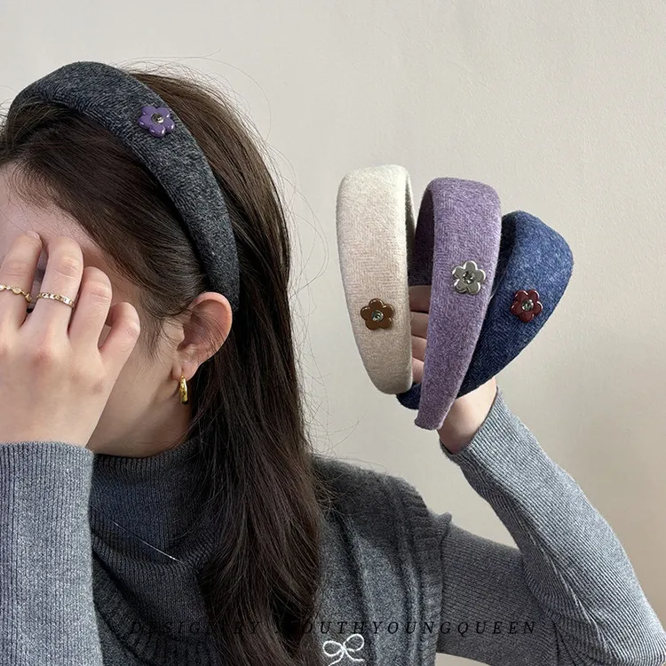 时尚水钻花朵毛呢宽边发箍发卡2026新款高颅顶头箍日常外戴发饰品