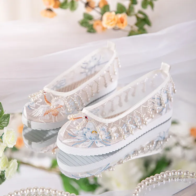 舞绣缘汉服鞋网纱透气绣花鞋平底珍珠流苏古风民族风古装凉鞋单鞋
