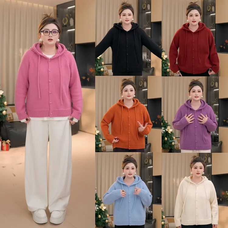 【胖佳佳】莓果奶霜 冬季加厚时尚设计感镂空连帽毛衣H625Z20334