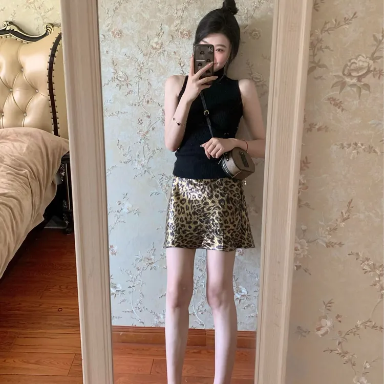 气质名媛套装御姐轻熟风针织背心女夏季辣妹A字豹纹半身裙两件套