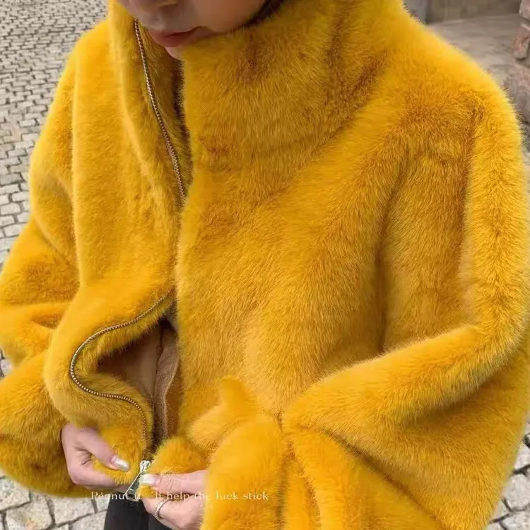 人造皮草 超舒服仿貂毛毛毛一体环保皮草立领毛毛外套
