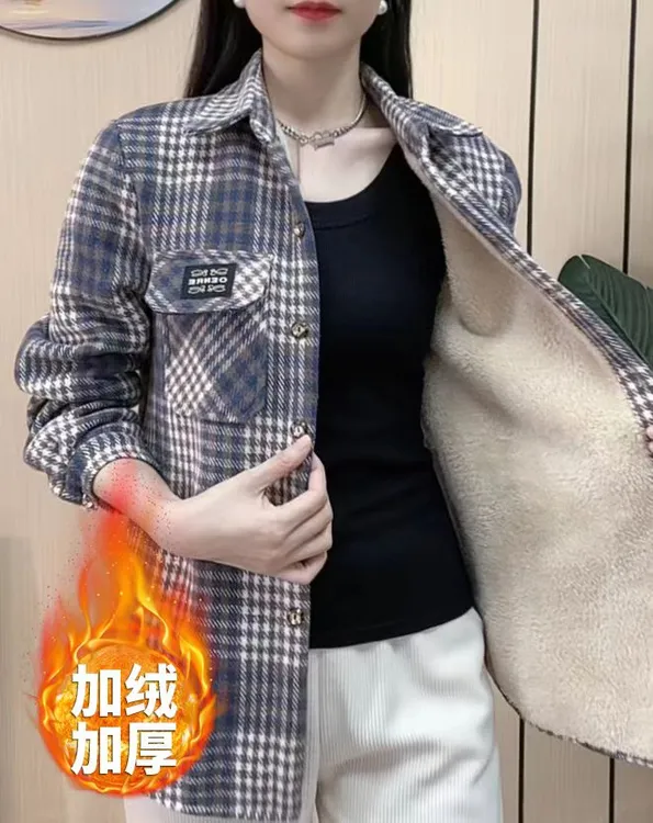 2025新款加绒加厚磨毛格子衬衫女宽松大码格子外套休闲百搭厚款