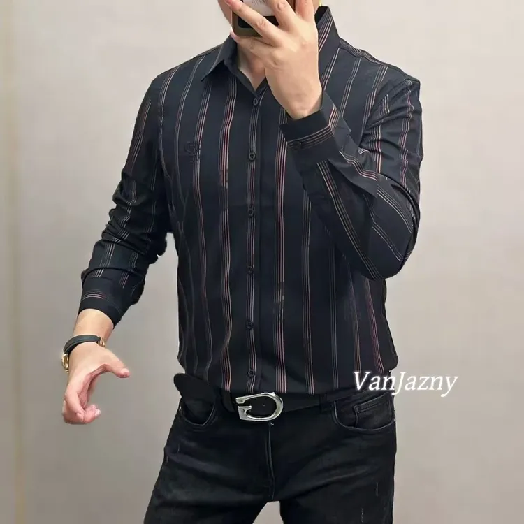 【VanJazny】新款高端男士时尚轻奢竖条纹翻领衬衫568-1
