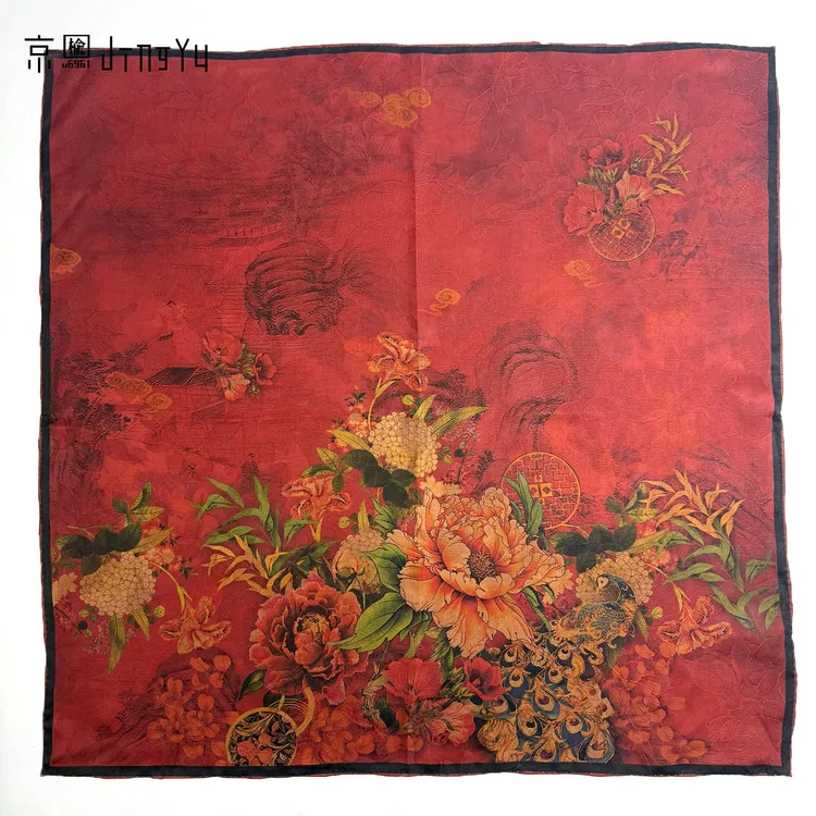 京榆 丨国韵牡丹丨100%桑蚕丝香云纱四经绞萝28姆米丝巾围巾方巾