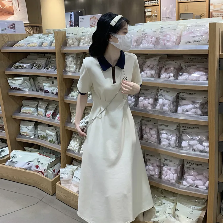 女大童polo领连衣裙夏季高中初中生学院风少女甜美收腰过膝长裙子