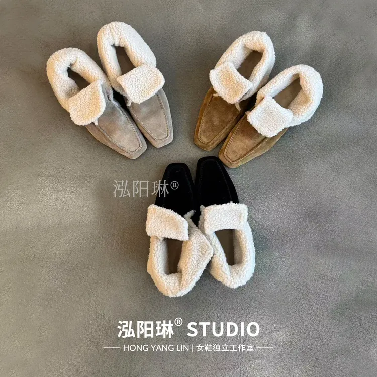 泓阳琳~英伦风方头羊羔毛雪地靴保暖绒面套脚毛毛鞋女百搭棉鞋