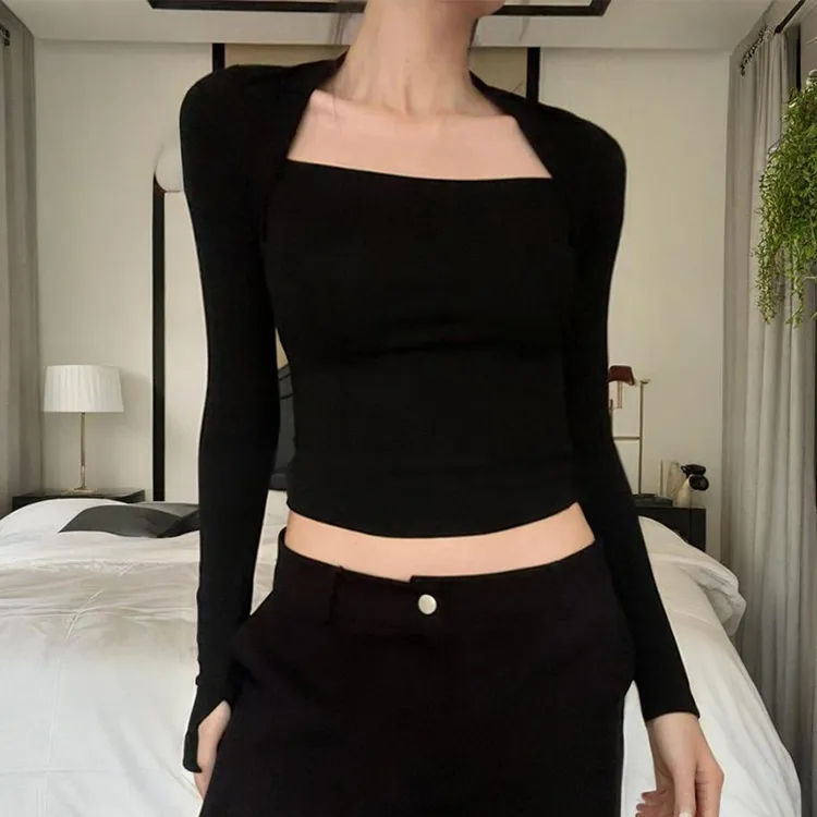 纯欲辣妹风拼接修身收腰长袖T恤女2025早秋新款慵懒风挂脖上衣潮