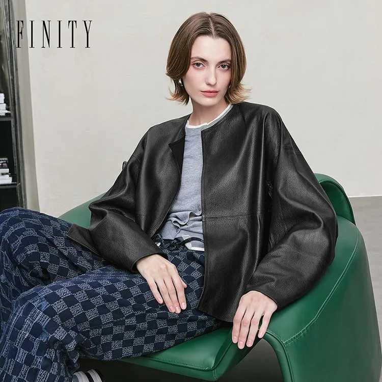 FINITY菲妮迪皮衣款时尚休闲百搭女士翻领复古真皮皮衣