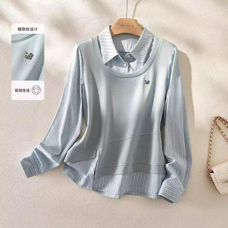 慵懒风条纹拼接翻领假两件卫衣2025春季新款通勤百搭时尚宽松上衣