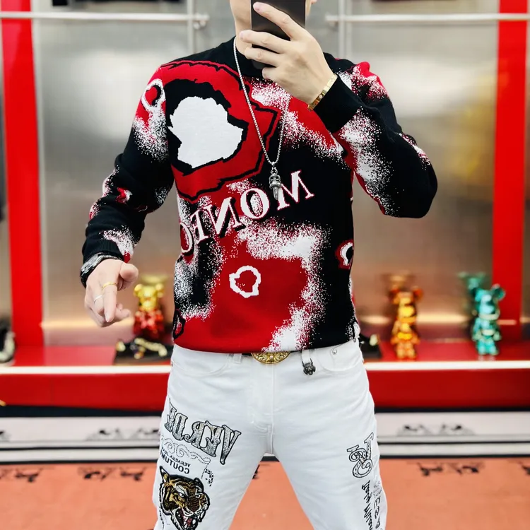 欧洲站 欧货男士潮牌时尚潮流修身提花撞色百搭针织摩卡绒毛衣