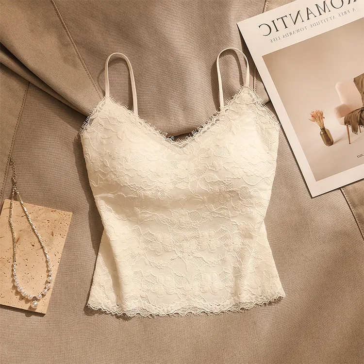 甜辣妹纯欲蕾丝吊带背心女西装内搭带胸垫夏季外穿高级感抹胸上衣