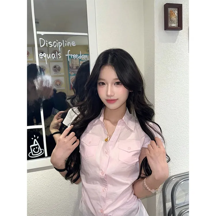 美式又甜又辣粉色Polo领短袖衬衫女夏季洋气减龄修身显瘦开衫衬衣