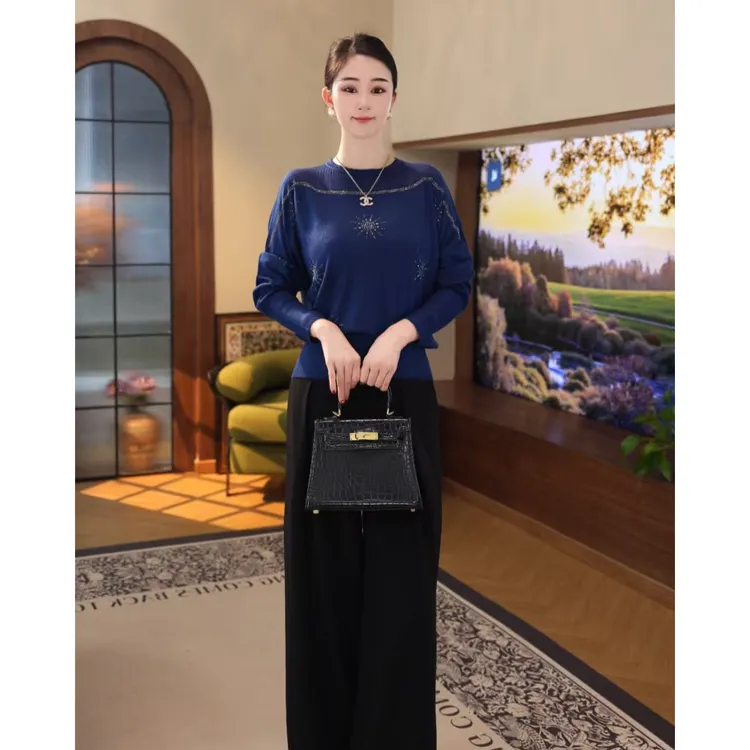 2025秋冬新款【LT-1261JR】含绵羊毛百搭圆领外穿蓝色针织衫毛衣女