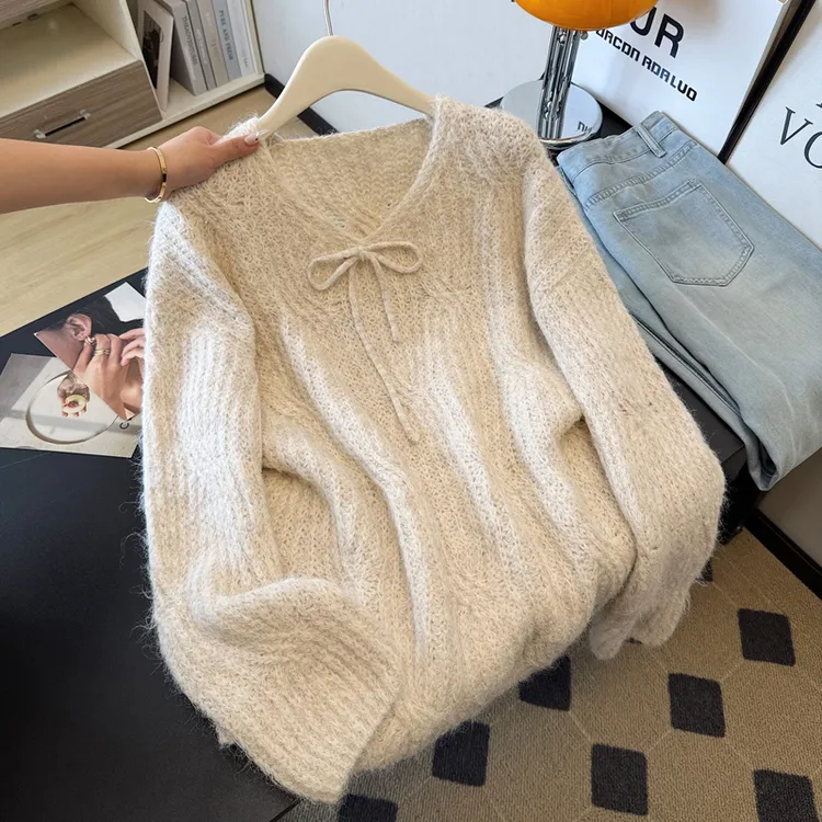 新品大码韩系V领蝴蝶结镂空针织时尚减龄温柔软糯百搭毛衣