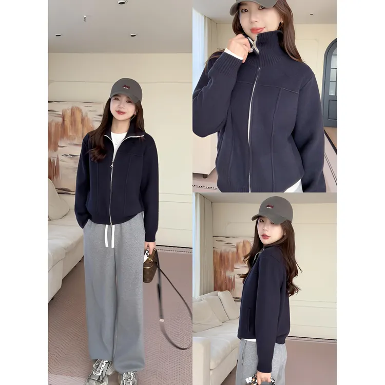 【余欢欢】冬季百搭休闲时尚双头拉链翻领开衫毛衣-YHW50880