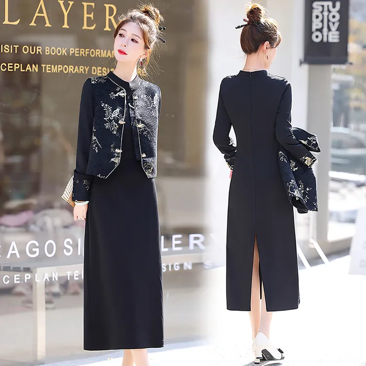 2025年春装新款新中式国风盘扣优雅复古马甲香风气质两件套套裙子