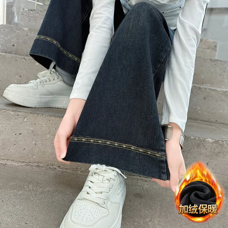 【加绒】女童裤子秋冬款2025新款儿童冬季一体绒儿童加绒阔腿牛仔裤
