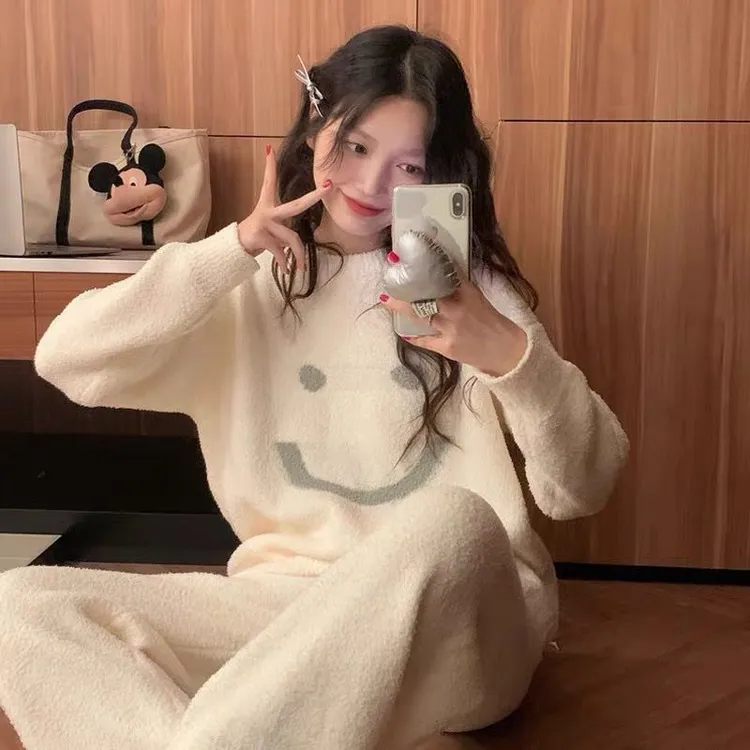 可爱ins笑脸软绵绵半边绒长袖睡衣女冬季加厚保暖家居服套装外穿