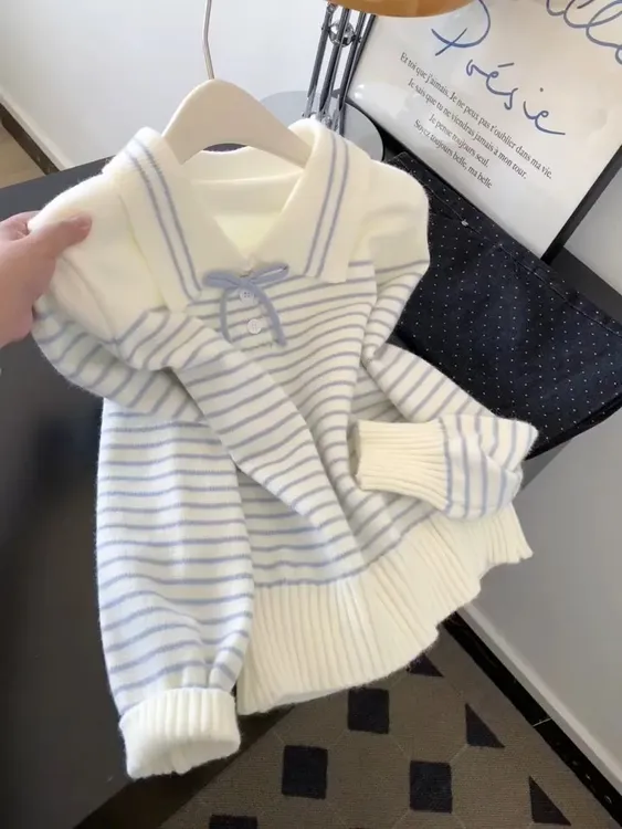 韩系翻领条纹针织绑带毛衣女2025秋冬新款减龄甜美百搭短款针织衫